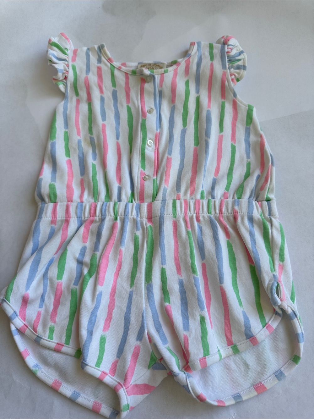 Toddler White Multi-Stripe Romper with Ruffle Sleeves